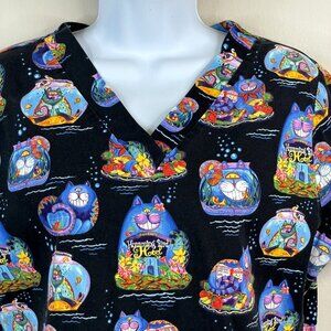 Vintage 90s Womens Funny Cat Vet Tech Scrub Top Tunic Small Art To Wear Colorful